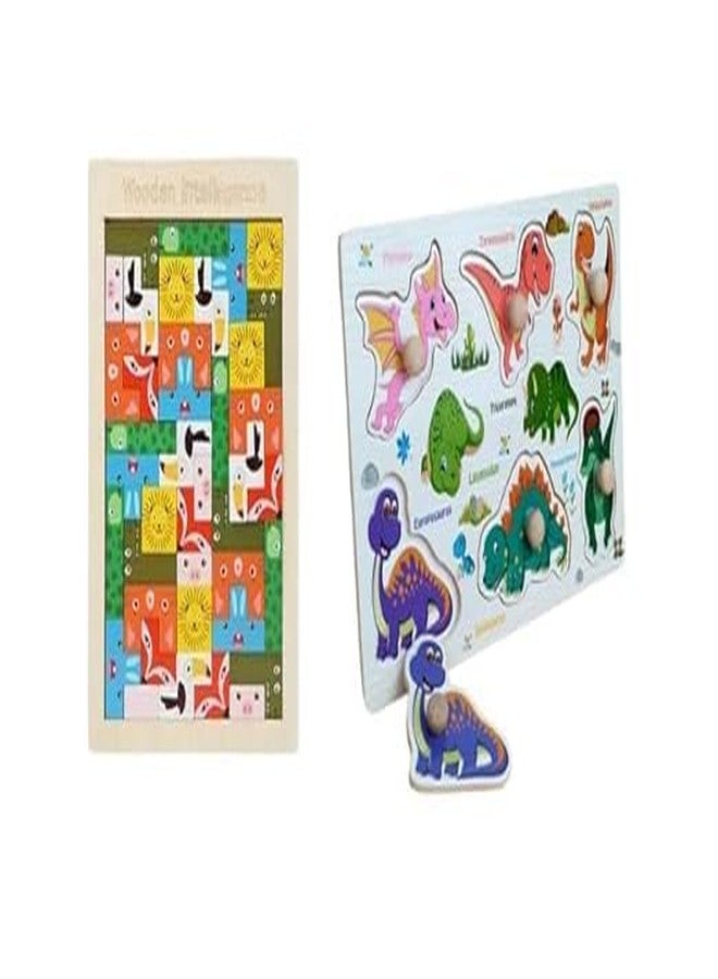 NEKSTY Wooden 8 Pieces Animal and Dinosaur Theme Pegged Knob Toy (Combo of 2) - Image 1